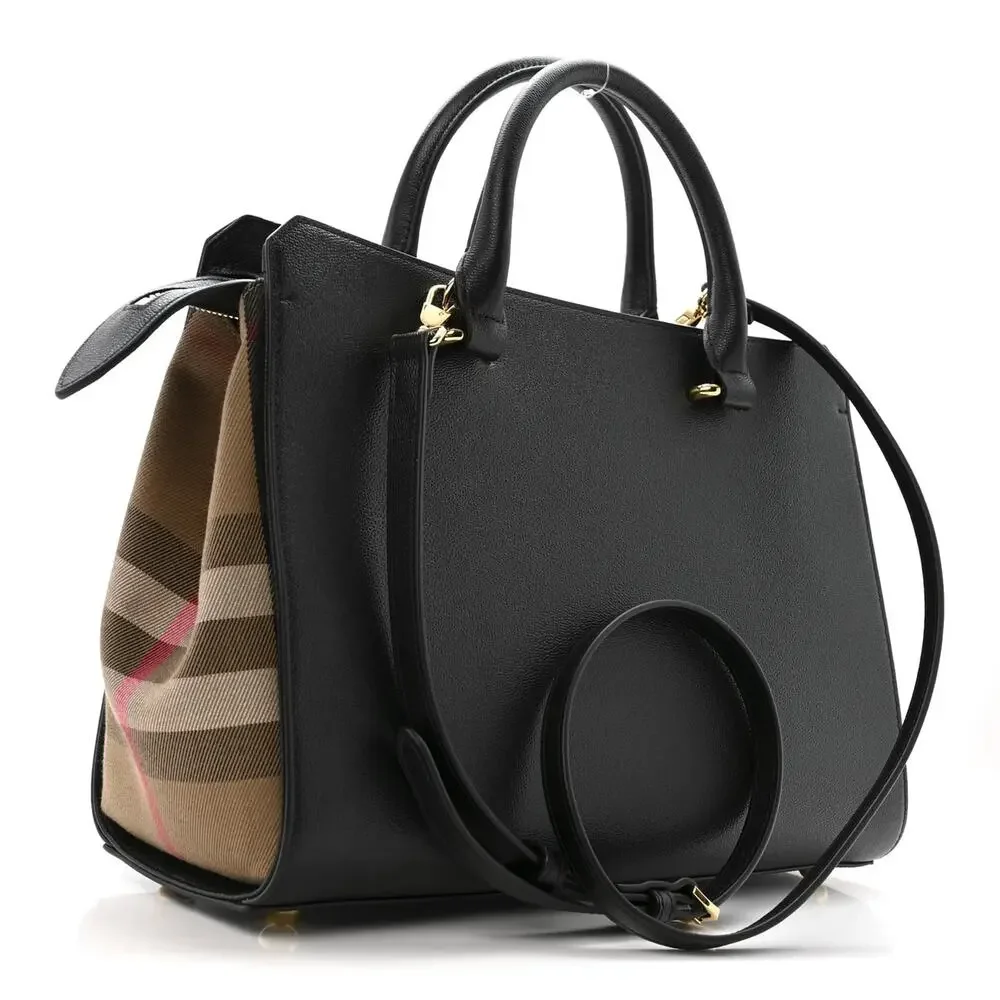 NWT BURBERRY BANWELL BLACK LEATHER CHECK CANVAS HOULDER TOTE BAG $ 1950 - Picture 5 of 13